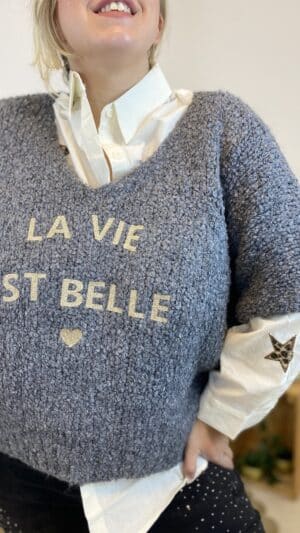 Pull loose maille bouclette « la vie est belle » (différents coloris)