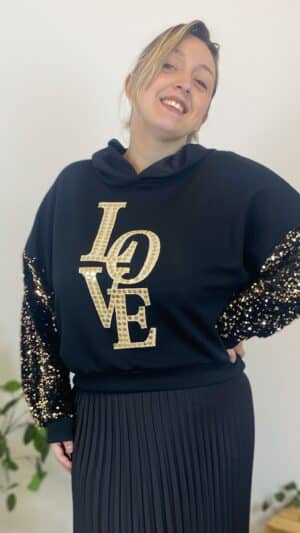 Sweat Love à capuche manches sequins